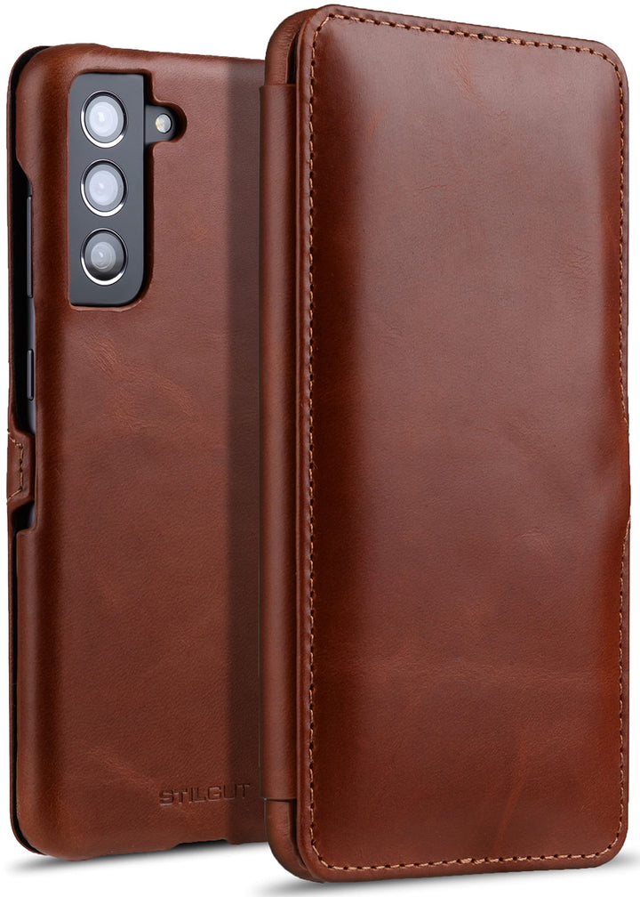 STILGUT Book Case kompatibel mit Samsung Galaxy S21 FE 5G Hülle aus Leder mit Clip-Verschluss, Leder
