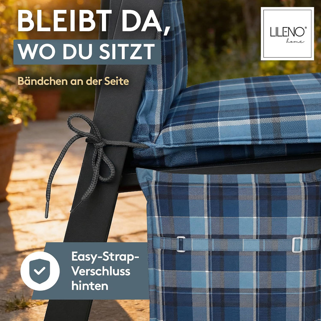 LILENO HOME Gartenstuhl Auflagen als [1er Set - Hochlehner] in Karo Blau - Bequeme Liegen als Sitzau
