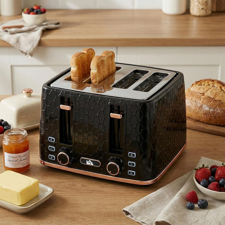 HOMCOM Toaster 4 Scheiben mit 7 Bräunungsstufen, Edelstahl mit Brötchenaufsatz, Auftaufunktion, Aufw