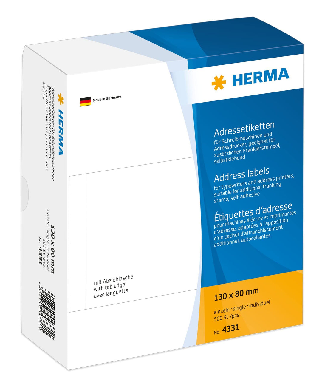 HERMA 4331 Adressetiketten für Schreibmaschinen, 130 x 80 mm, 500 Aufkleber, selbstklebend, matt, ei
