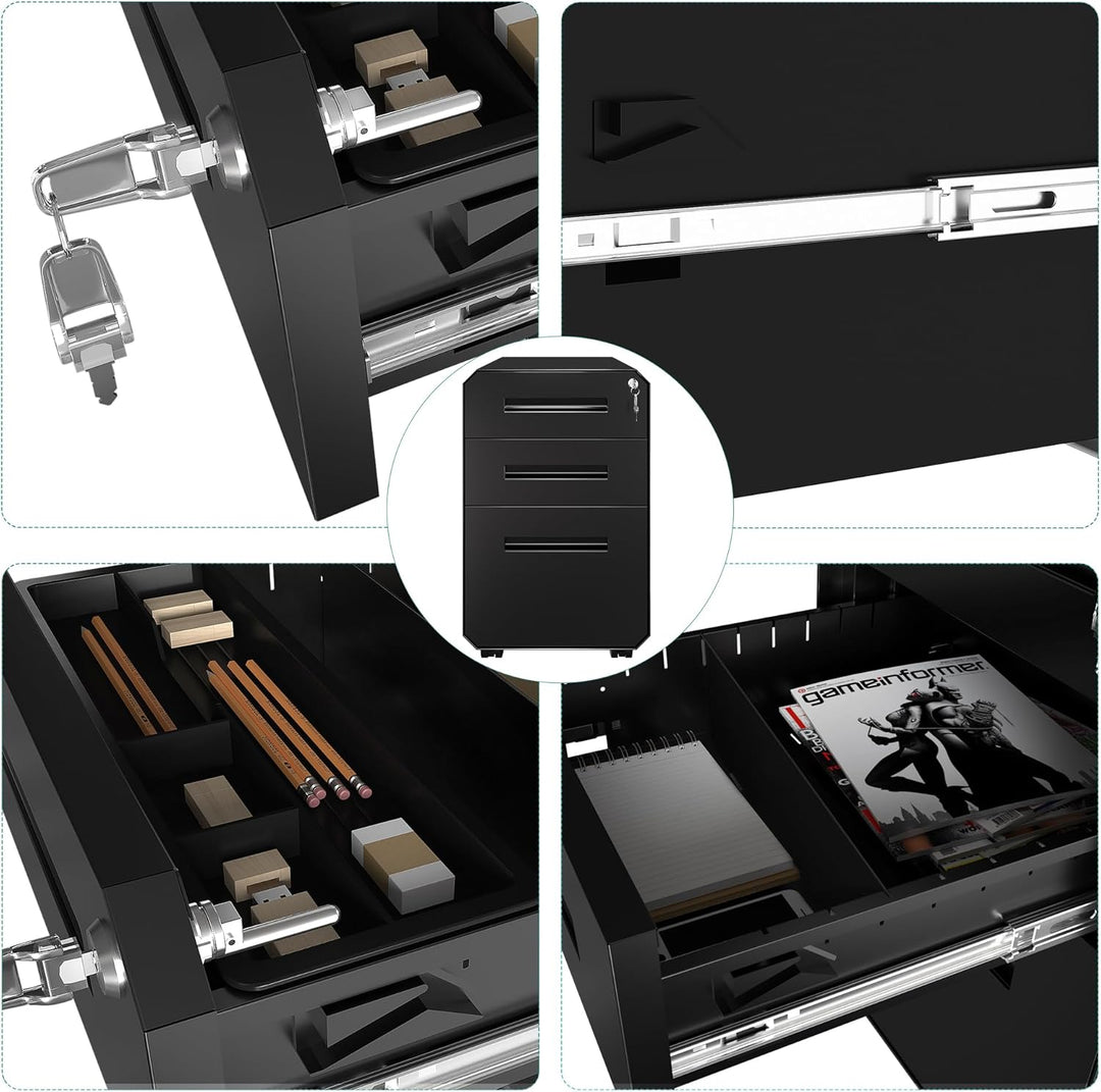 YITAHOME Metall Rollcontainer mit 3 Schubladen, Abschliessbar Aktenschrank für Legal, Letter, Mobile