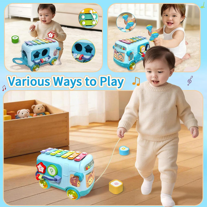 Montessori Spielzeug Musikalischer Bus mit Xylophon Motorikwürfel Rassel Rad Geschenk für Mädchen ab