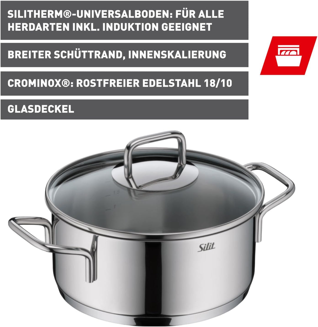 Silit Extra Cook, Bratentopf 20 cm mit Glasdeckel, Innenskalierung, breiter Schüttrand, hochwertiger