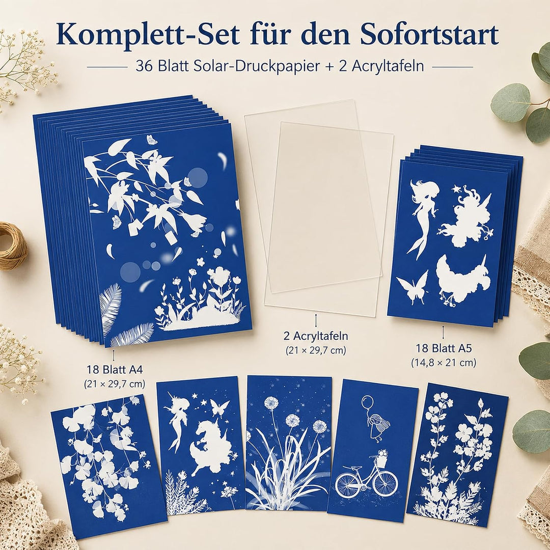 38 Cyanotypie Papier Kit A4 A5 Hochempfindliches Solar Druckpapier | 36 Sonne Papier mit 2 Acryltafe