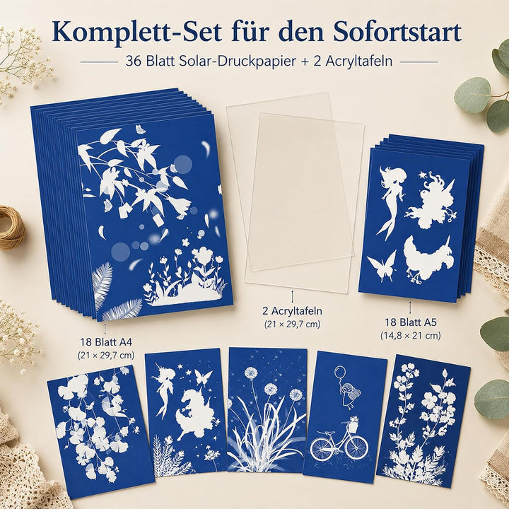 38 Cyanotypie Papier Kit A4 A5 Hochempfindliches Solar Druckpapier | 36 Sonne Papier mit 2 Acryltafe