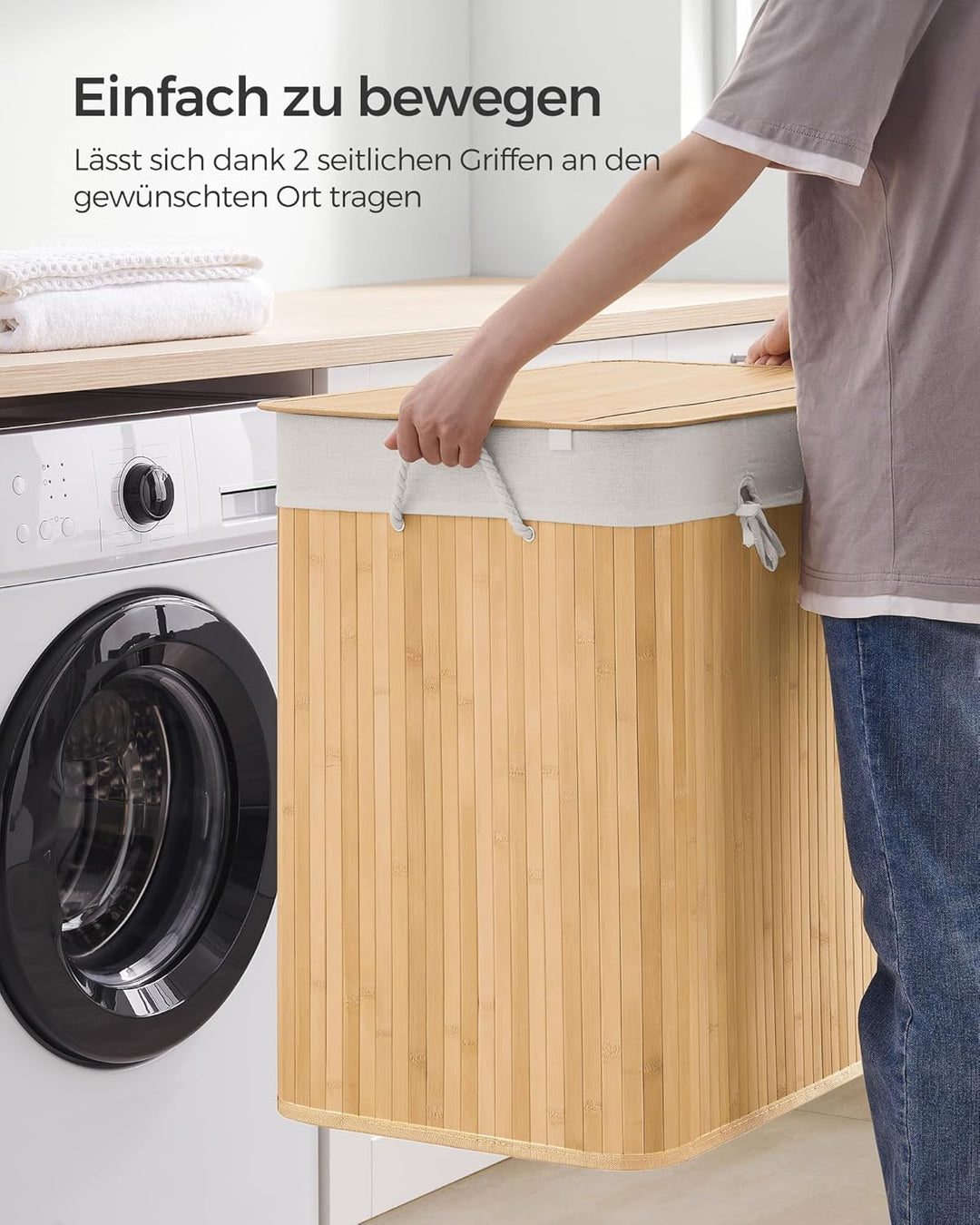 SONGMICS Wäschekorb 3 Fächer, 150 L Wäschesammler mit Deckel, Wäschebox Bambus, mit Griffen, faltbar