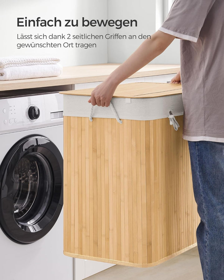 SONGMICS Wäschekorb 3 Fächer, 150 L Wäschesammler mit Deckel, Wäschebox Bambus, mit Griffen, faltbar