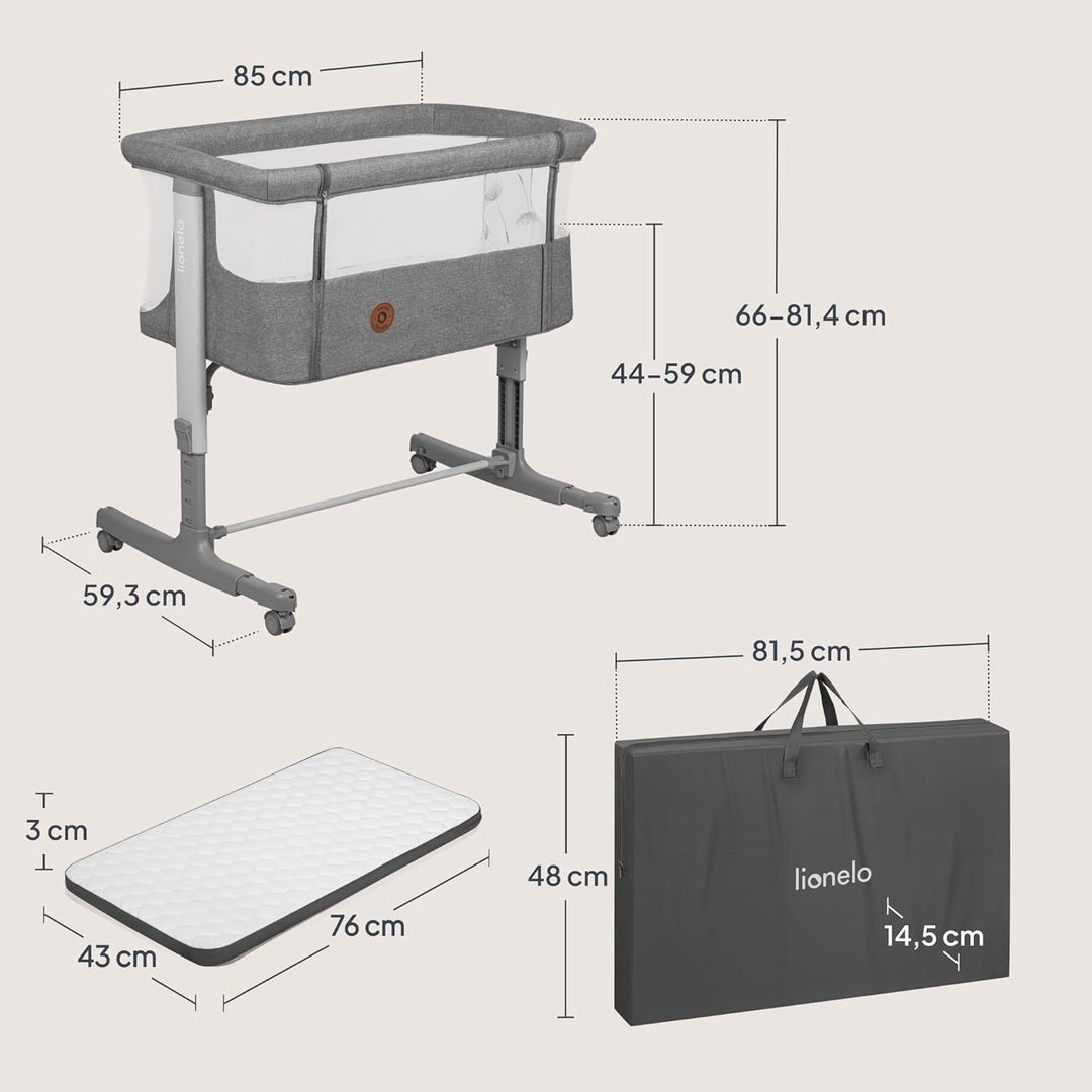 Lionelo Aurora 3 in 1 Babybett bis 9 kg, Beistellbett, Wiege, Höhenverstellug und Einstellung der Ne