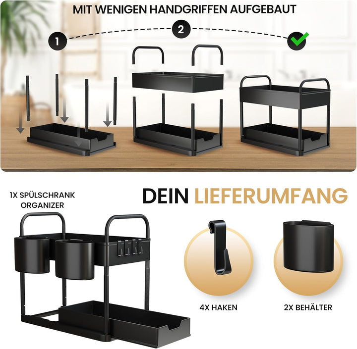 HELDENWERK Unter Waschbecken Regal für Spülenunterschrank höhenverstellbar mit 2 Etagen in schwarz I