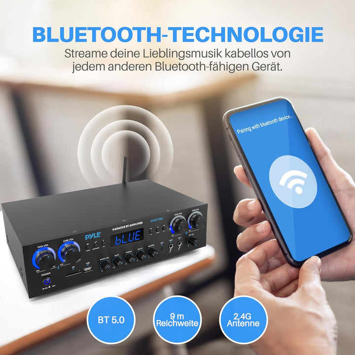 Pyle Amplifier, 800W Bluetooth Verstärker – 4-Kanal Mini Amp mit MP3, USB, AUX, SD, Mikrofon, FM, RC