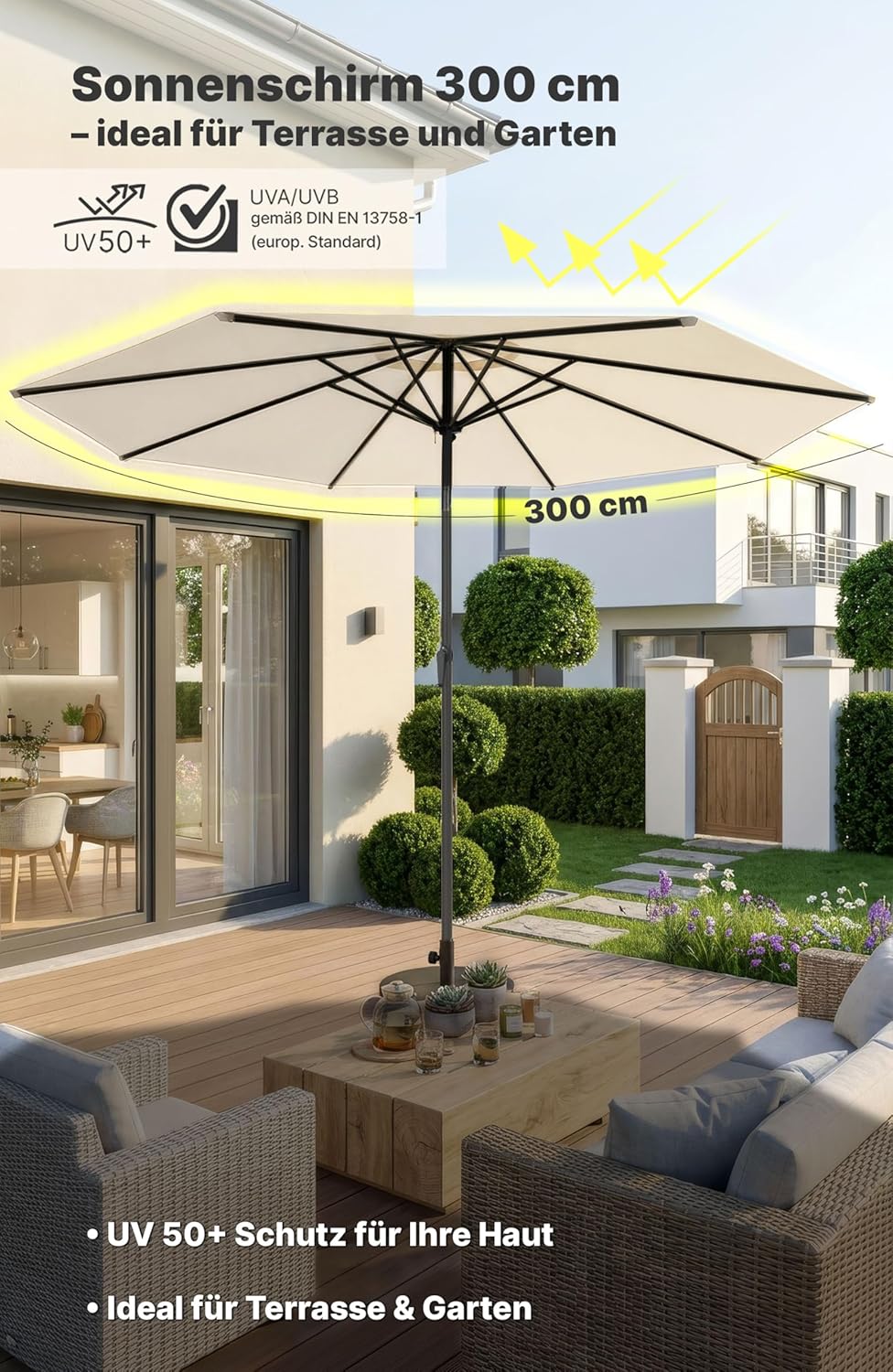 4smile Sonnenschirm 300 cm, mit Kurbel – grosser Sonnenschirm Balkon für die Terrasse, mit UV 50+ Sc