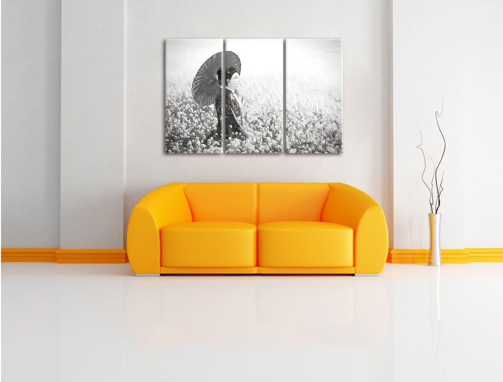 Pixxprint Geisha auf dem Feld Kunst Kohle Effekt 3-Teiler Leinwandbild 120x80 Bild auf Leinwand