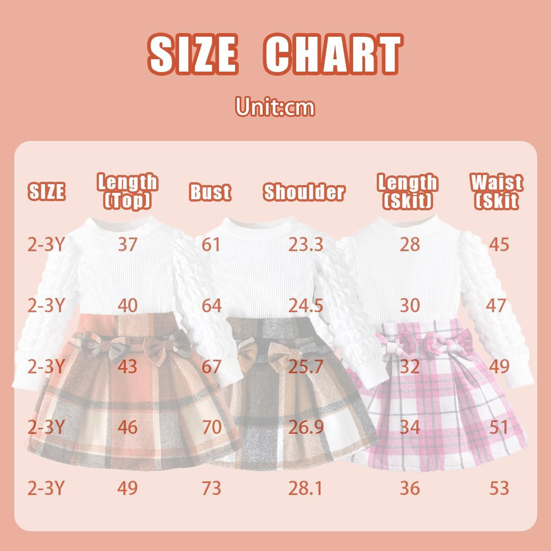 Kleinkind Mädchen Kleidung Puffärmel Langarm Gerippte Oberteile + Bowknot Plaid Mini Rock 2 Stück He