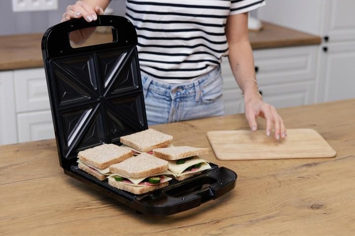 Elektrischer Sandwichtoaster XXL für 4 Sandwiches, 1400 W, Schwarz