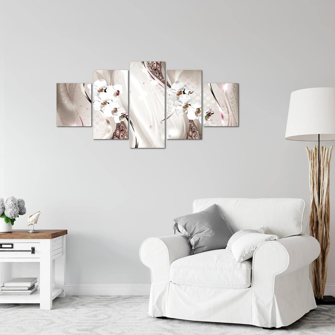 Runa Art Wandbilder Blumen Orchidee 5 Teilig Bild auf Vlies Leinwand Deko Wohnzimmer Abstrakt Perlen