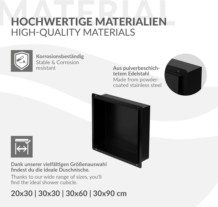 LuxeBath Wandnische aus Edelstahl, 30x30x10 cm, Schwarz, Duschnische, Randlos, Einbauregal, Flexible