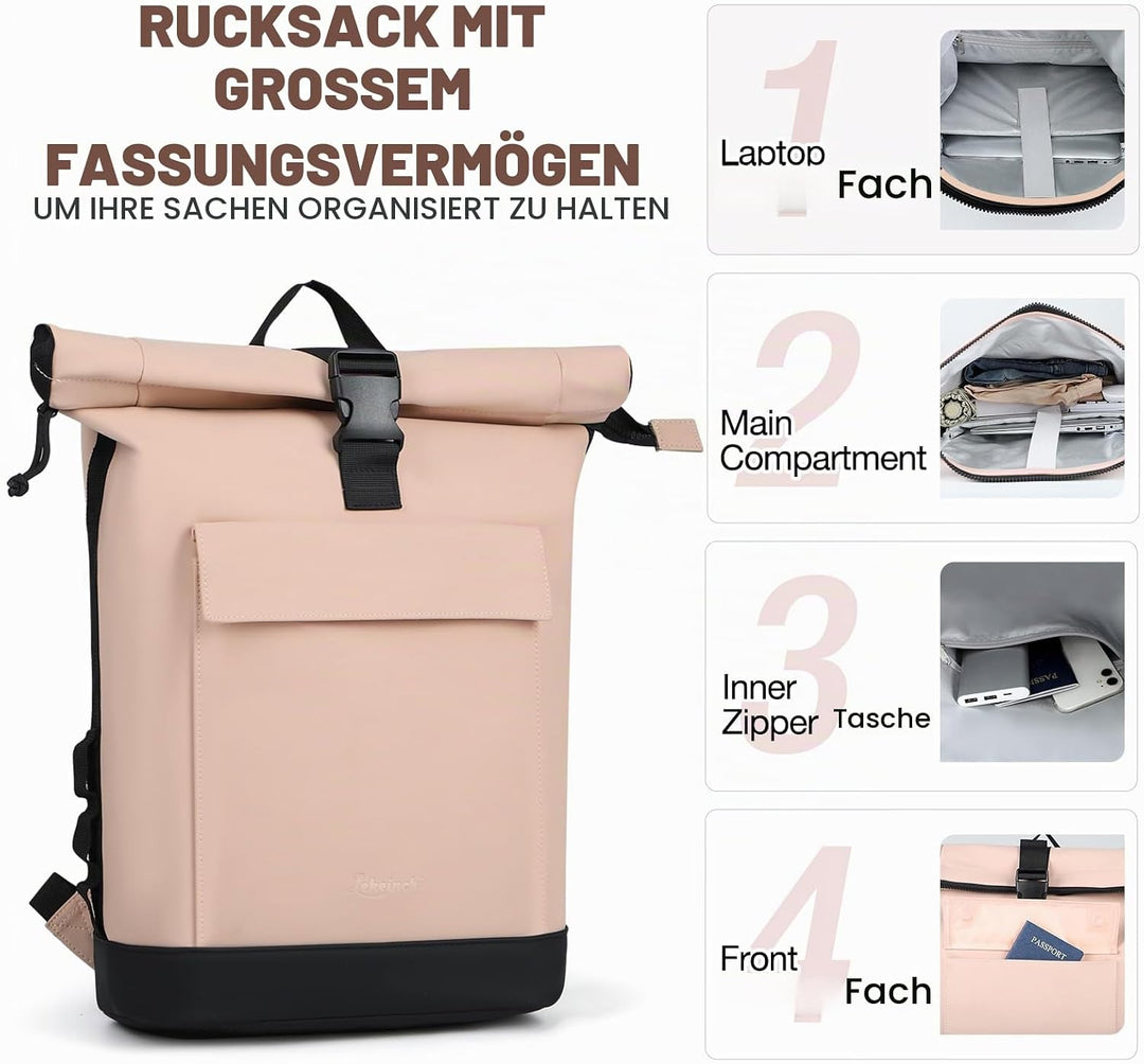 Rolltop Rucksack Damen &amp; Herren, Elegant Laptop Rucksack Wasserdicht mit 17 Zoll Laptopfach, Grosser