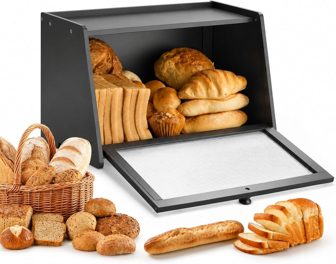 Brotkasten aus Holz, schwarze Brotbox für Küchenarbeitsplatte, 1-stufiger Brotbehälter zur Brotaufbe