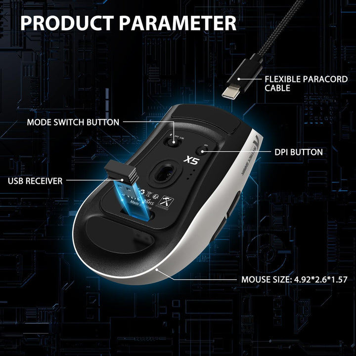 ATTACK SHARK X5 Ultra-leichte kabellose Gaming-Mäuse 49g,Tri-Mode Kabelgebunden/2.4G/BT5.0,PAW3312 P