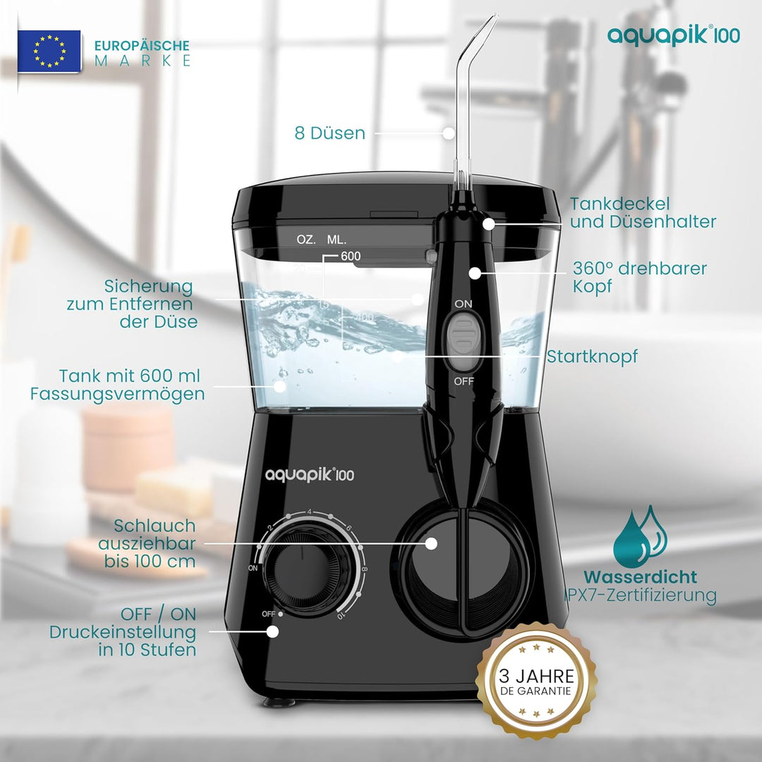 Aquapik® 100 professionelle Munddusche | Plaqueentferner + von Zahnärzten empfohlen | 8 Düsen, 10 Dr
