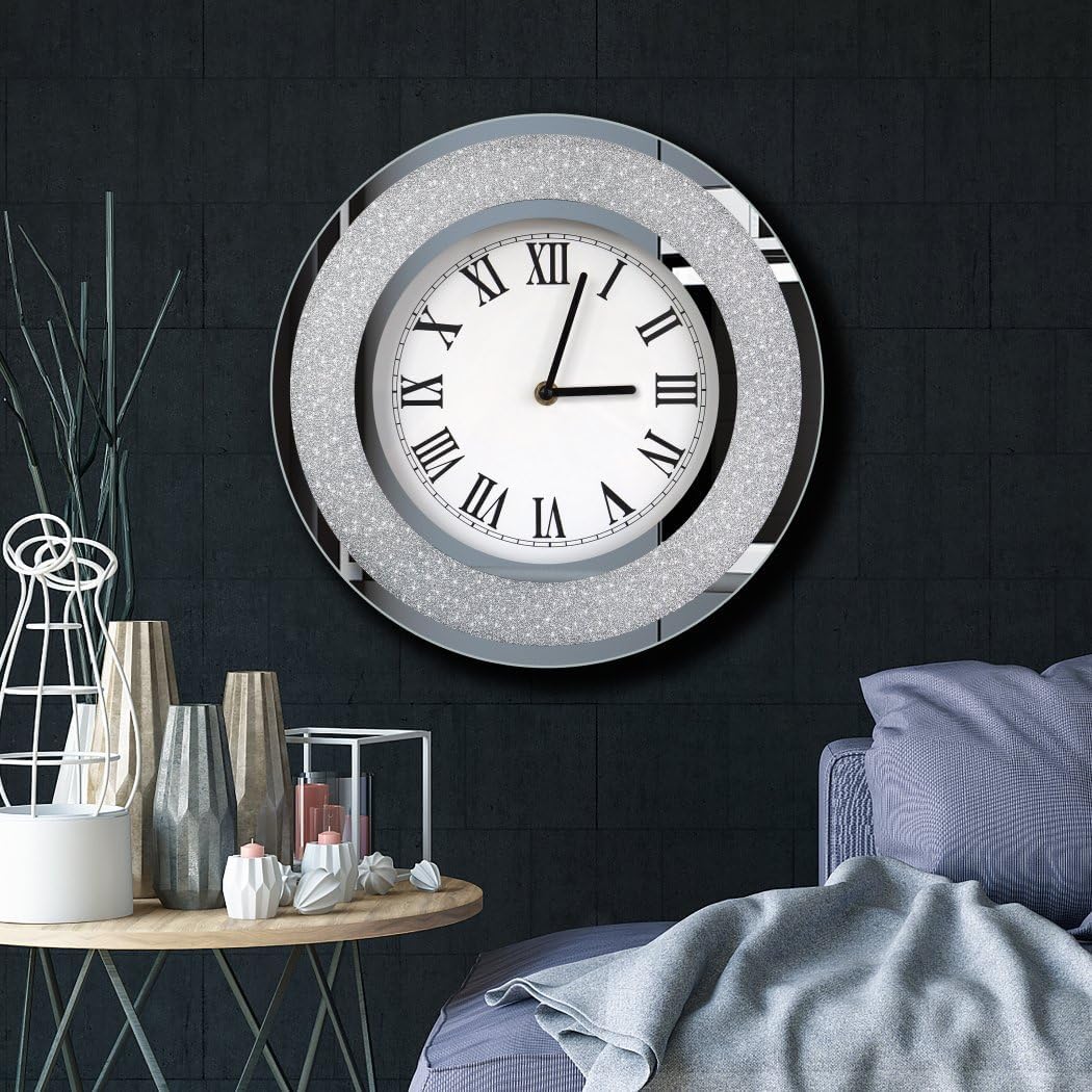 DMDFIRST Bling Silver Round Mirror Clock 12 inch Glam Sparkle Twinkle Shining Mirror Wall Clock for