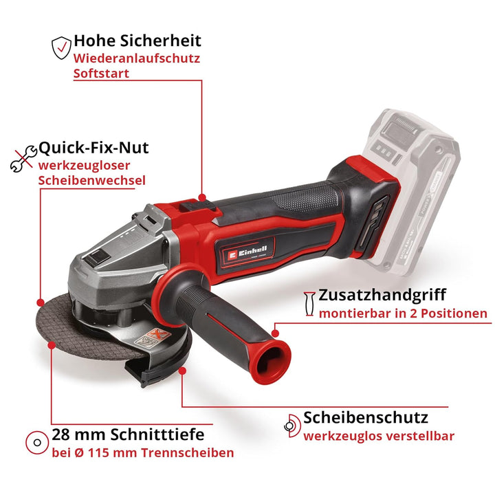 Einhell Akku-Winkelschleifer TE-AG 18/115 Q Li Power X-Change (18V, 115 mm Scheibendurchmesser, 28 m