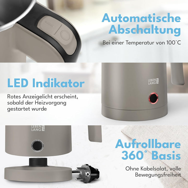 LEBENLANG Edelstahl Reisewasserkocher Klein - 500ml & BPA-Frei I 600W Mini Wasserkocher Klein Khaki