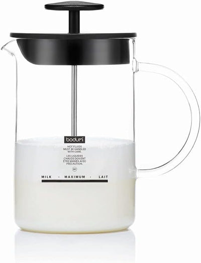 Bodum 1446-01 Milchschäumer mit Glasgriff Latteo, schwarz, H 18cm, B 15,6cm, L 10cm A H 18cm, B 15,6