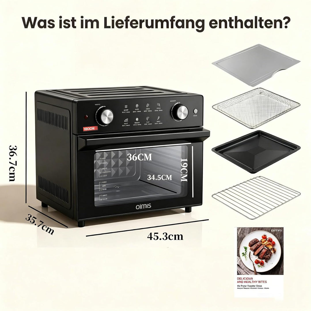 Heissluftfritteuse 30-230℃, 30L 1800W, 8-in-1 Airfryer mit Deutsche Rezepte | Abnehmbare Glastür, 18