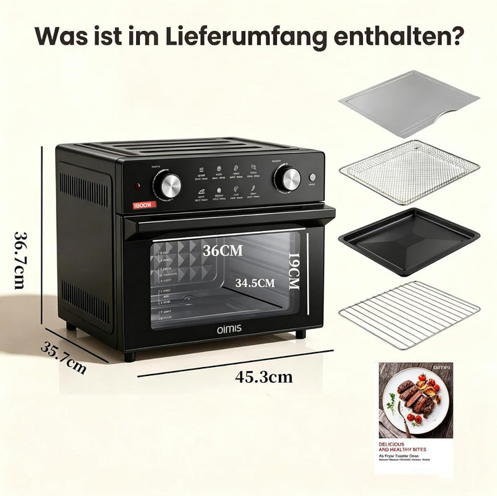 Heissluftfritteuse 30-230℃, 30L 1800W, 8-in-1 Airfryer mit Deutsche Rezepte | Abnehmbare Glastür, 18