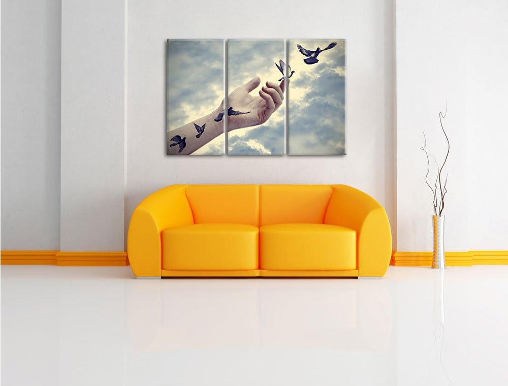 Pixxprint Vögel fliegen in die Freiheit / 3-Teilig/Gesamtmass 120cm Leinwandbild bespannt auf Holzra