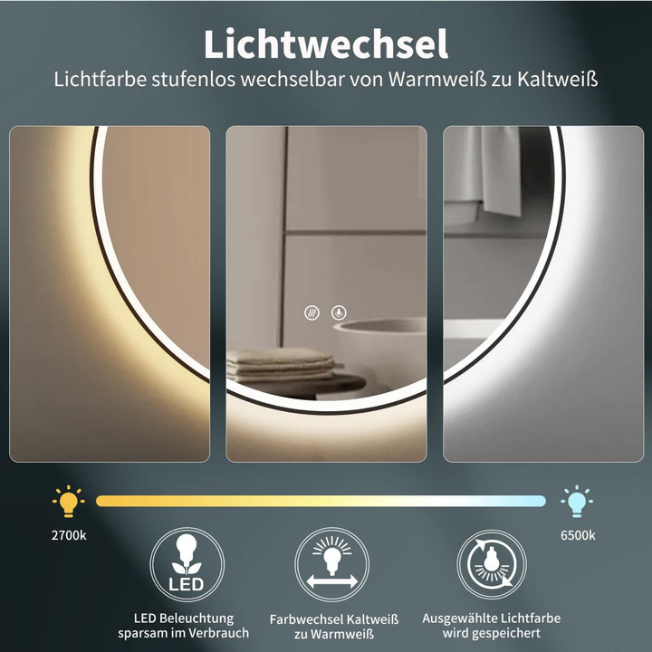HOKO Design ANTIBESCHLAG Badspiegel rund 60 cm mit Metall Rahmen Matt Schwarz. Runder Bad Wandspiege