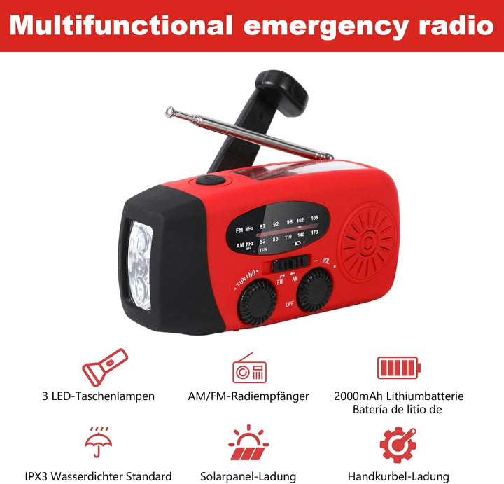 Kurbelradio,Notfallradio mit Kurbel und Solar,AM/FM/WB-Empfang,USB-Ladefunktion,LED-Beleuchtung,IP3X
