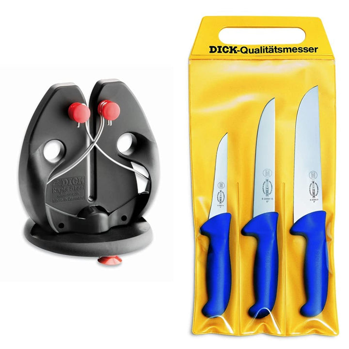 F. DICK Messerschärfer Rapid Steel Action 9009200, 22 cm & Messer Set ErgoGrip 3-teilig (Ausbeinmess