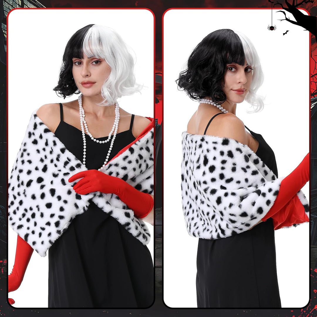 Aragallant Cruella Kostüm Damen, Kurze Schwarze und weisse Perücke, Halloween Kostüm Damen Set, 70er