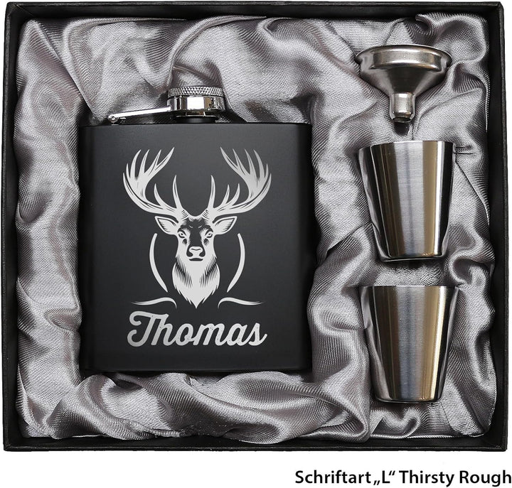 Jäger Geschenk Flachmann Hirsch mit Gravur Flachmann Jäger Geschenkidee Männer Schwarz, Schwarz
