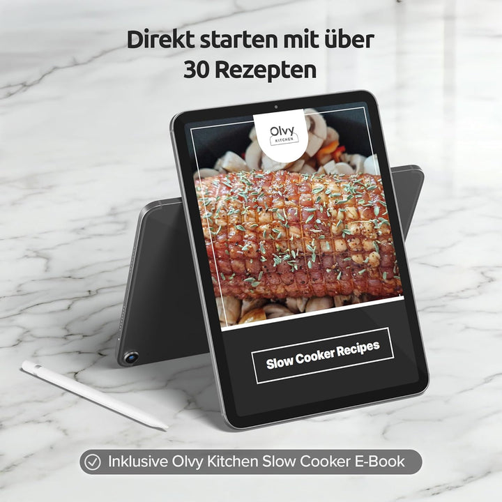 Olvy Slow Cooker 6L Schongarer Keramik-Innentopf 3 Stufen Low High Warm Faltbare Griffe Familie Meal