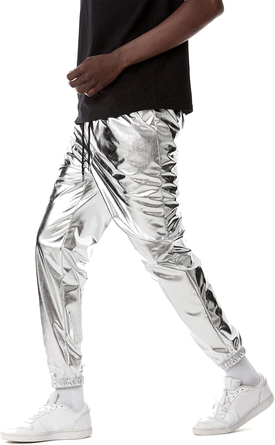 LucMatton Herren-Jogginghose, metallisch, glänzend, Disco-Party, elastische Hose S Silber, S Silber