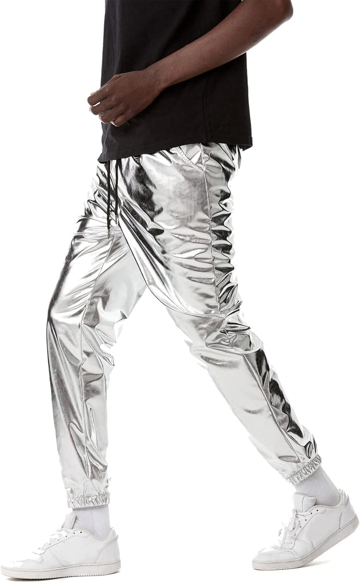 LucMatton Herren-Jogginghose, metallisch, glänzend, Disco-Party, elastische Hose S Silber, S Silber