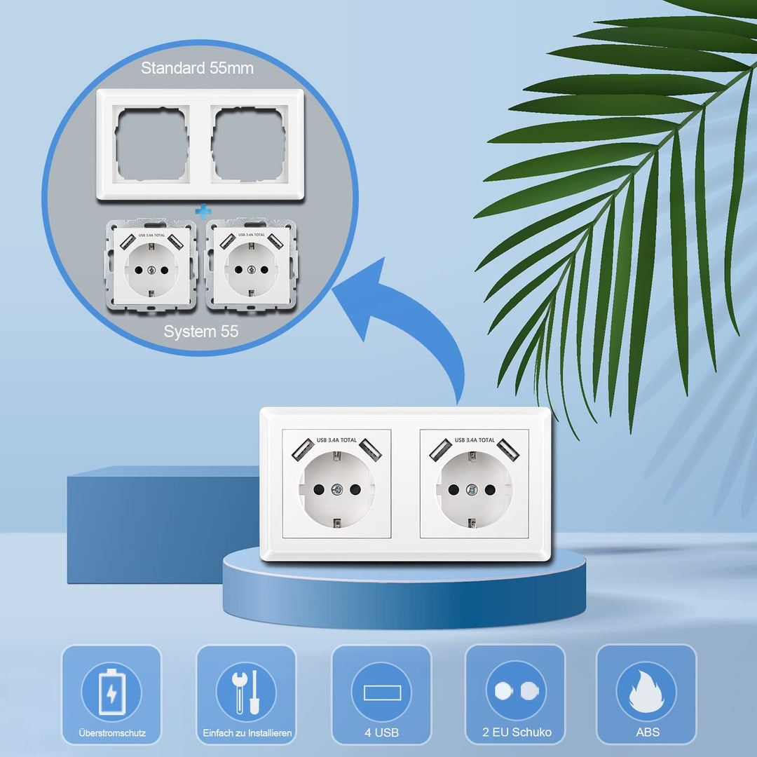 Kaifire Doppelsteckdose mit USB Anschluss, Schuko USB Steckdose System 55 Reinweiss Komplett-Set ink