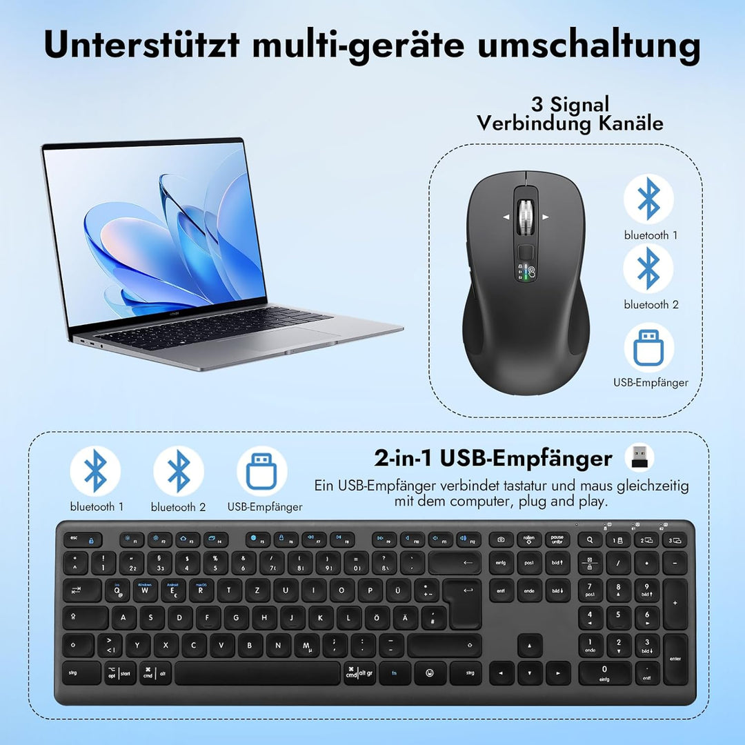 CITLLA M9300 Kabelloses Tastatur Maus Combo, 2-in-1 USB Empfänger und Zwei Bluetooth, 18-Monate Batt