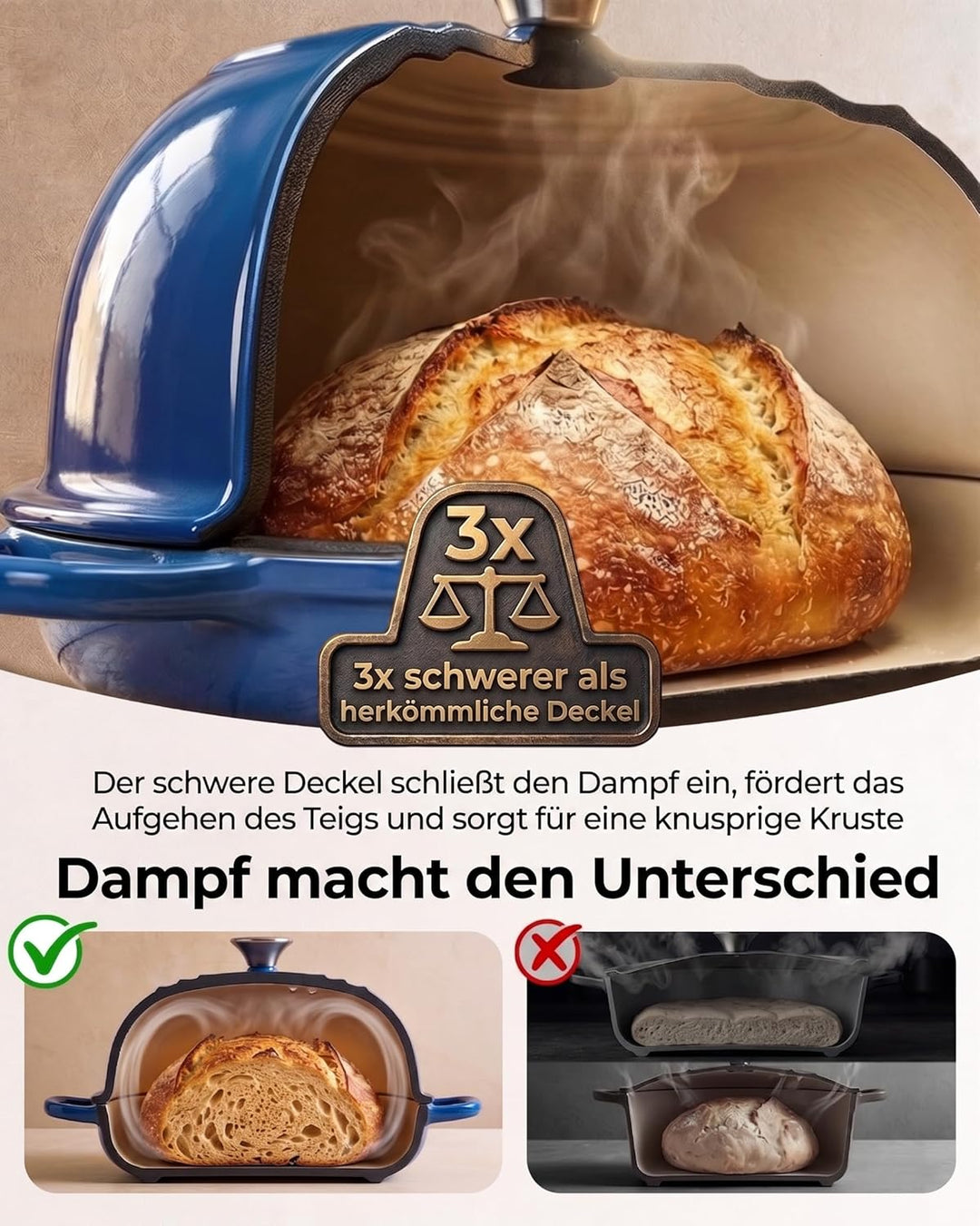 Armorbear Gusseisen Topf Brot Backen, 4,7L Bräter Emaille Schmortopf mit Deckel und Griffen, 24 cm D