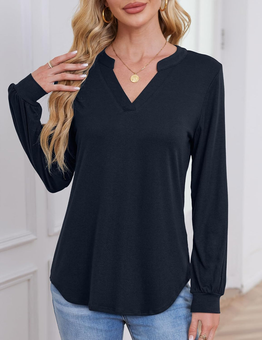 Beluring Langarmshirt Damen Elegant V Ausschnitt Tunika Bluse Einfarbig T-Shirt M Marineblau, M Mari