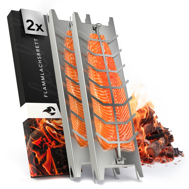Flammlachsbrett Edelstahl 59,5cm | Extra langer Flammlachshalter passend für Feuerschalen und Grills