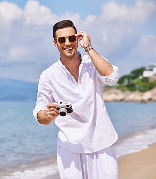 COOFANDY Herren Hemd Langarm Henley Shirt Leinenhemd Baumwolle Casual Regular Fit Sommerhemd S Weiss