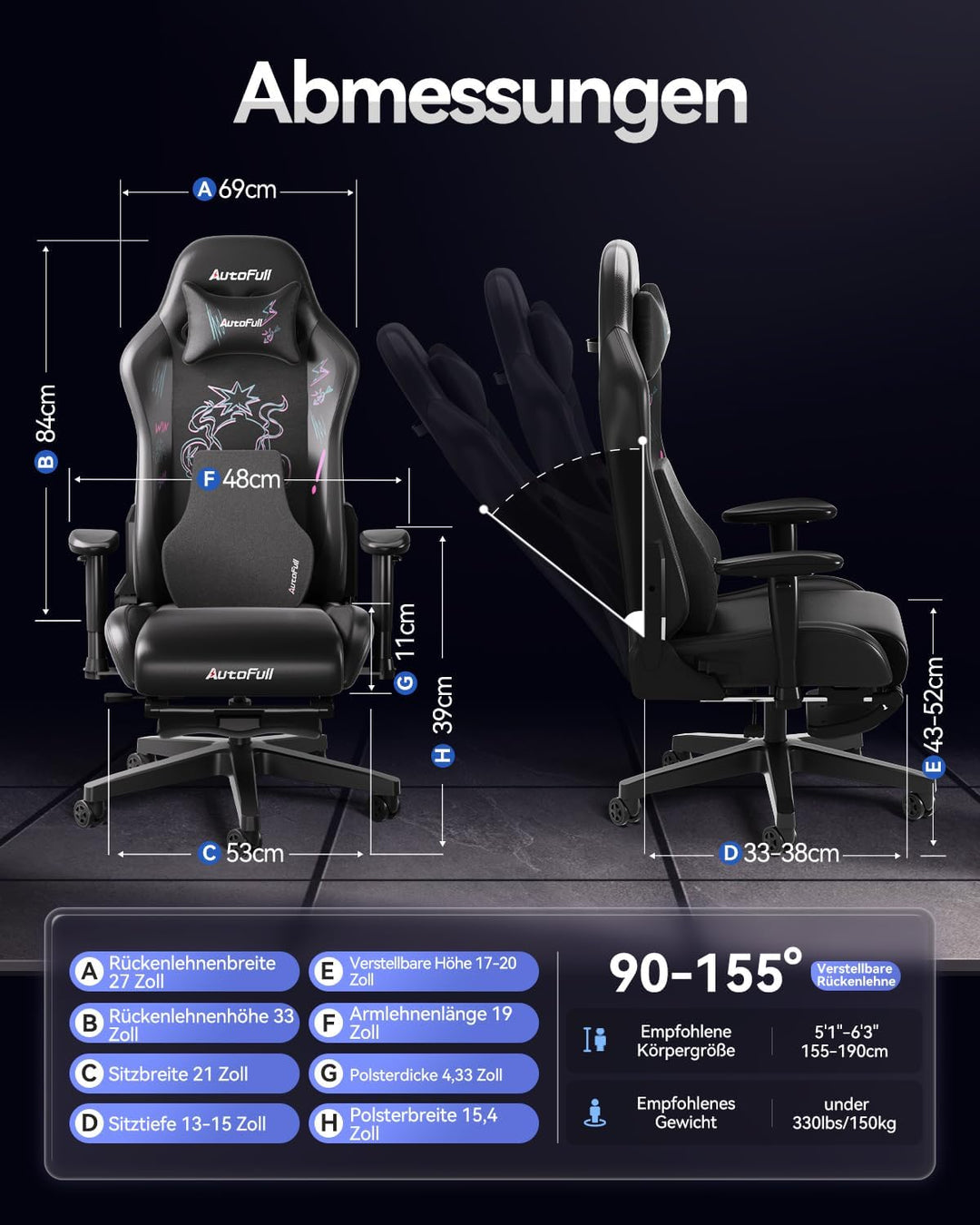 AutoFull C3 Gaming Stuhl Rennstil, Ergonomisch Gaming-Stuhl mit Fussstütze, Gaming Stühle mit Höhenv