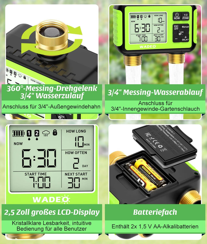 WADEO Bewässerungscomputer 2 Ausgänge, Messing-Einlass und -Auslass, LCD-Display, Automatische Bewäs
