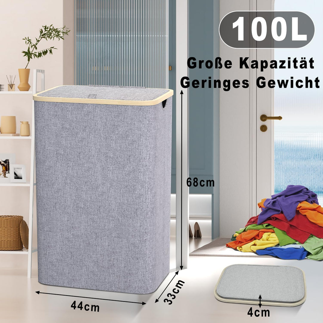 Wäschekorb mit Deckel 100L, Wäschesammler Gross schmal mit herausnehmbaren Wäschesack Laundry Basket