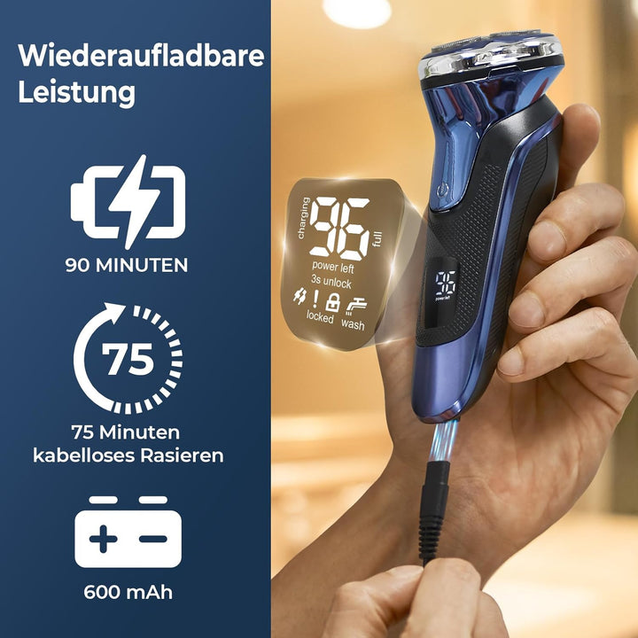 Elektrorasierer für Herren – Nass- und Trockenrasur mit Einziehbarem Bartschneider, Pop-Up Trimmer,