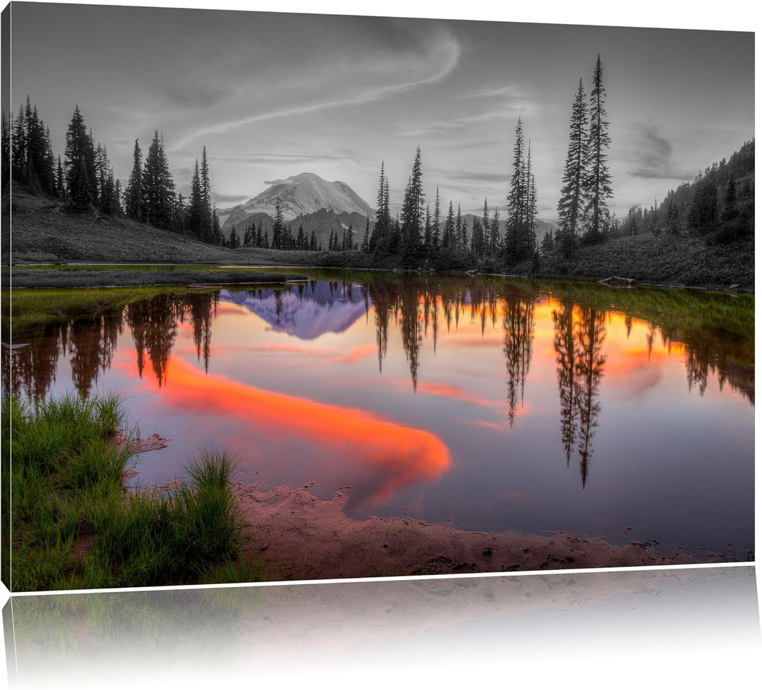 Sonnenaufgang an kleinem Bergsee schwarz/weiss Format: 100x70 auf Leinwand, XXL riesige Bilder ferti
